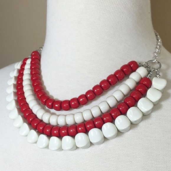 Layered Red White Beaded Necklace Earrings Set - Picture 3 of 3